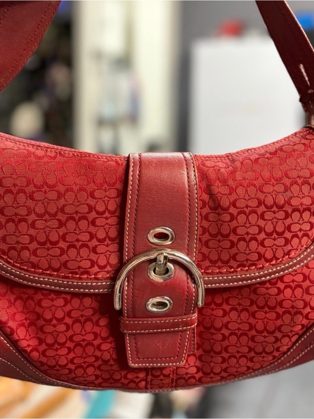 Vintage Y2K Coach Cherry Red Soho Signature C Canvas Logo Shoulder Bag F10926